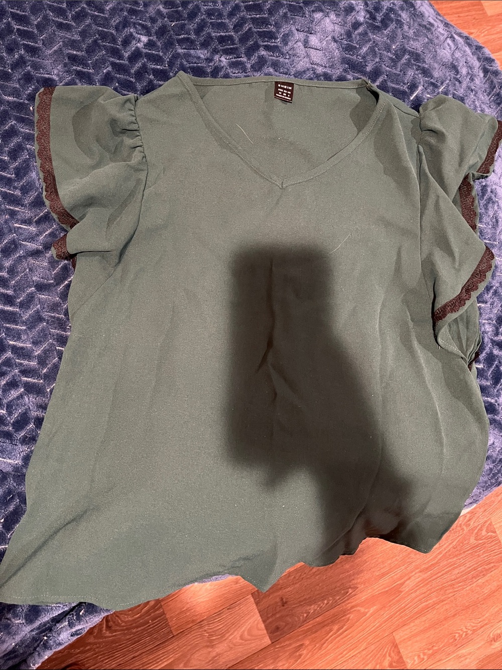 SHEIN Olive Green V-Neck Ruffle Sleeve Blouse